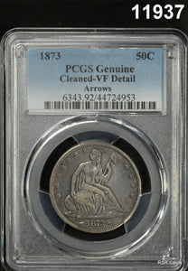 1873 ARROWS SEATED HALF DOLLAR PCGS CERTIFIED VF DETAILS CLEANED #11937