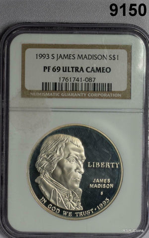 1993 S JAMES MADISON SILVER DOLLAR NGC CERTIFIED PF69 ULTRA CAMEO COMMEM #9150