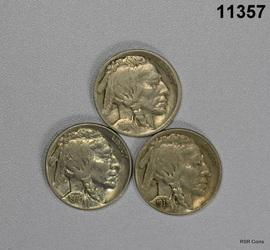 3 COIN LOT OF BUFFALO NICKELS! 1938D VF, 1936 AU, 1916 FINE! #11357
