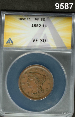 1852 BRAIDED HAIR LARGE CENT ANACS CERTIFIED VF30 ORIGINAL! #9587