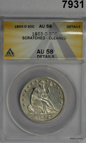 1855 O SEATED HALF DOLLAR ANACS CERTIFIED AU58 SCRATCHED CLEANED #7931