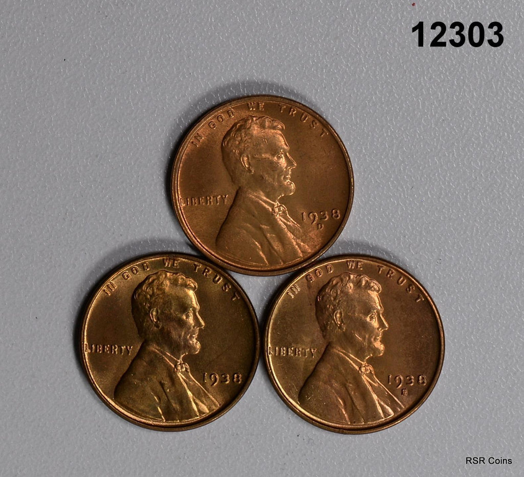 1938 P-D-S 3 COIN BU SET LINCOLN CENTS #12303