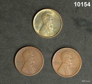 1916 BU RB, 1916D XF, 1916S AU 3 COIN LINCOLN CENT LOT NICE! #10154