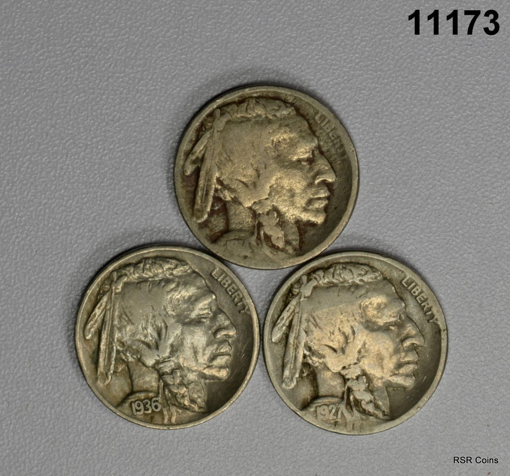 BUFFALO NICKEL 3 COIN LOT: 1936S (XF), 1927D (VG), 1914 (G) #11173