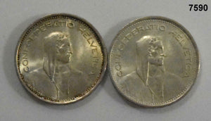 SWISS 1967 & 1969 2 COIN 5 FRANC SET BOTH BU!! #7590