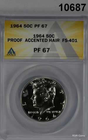 1964 KENNEDY HALF ANACS CERTIFIED PF67 ACCENTED HAIR FS401 NICE!! #10687
