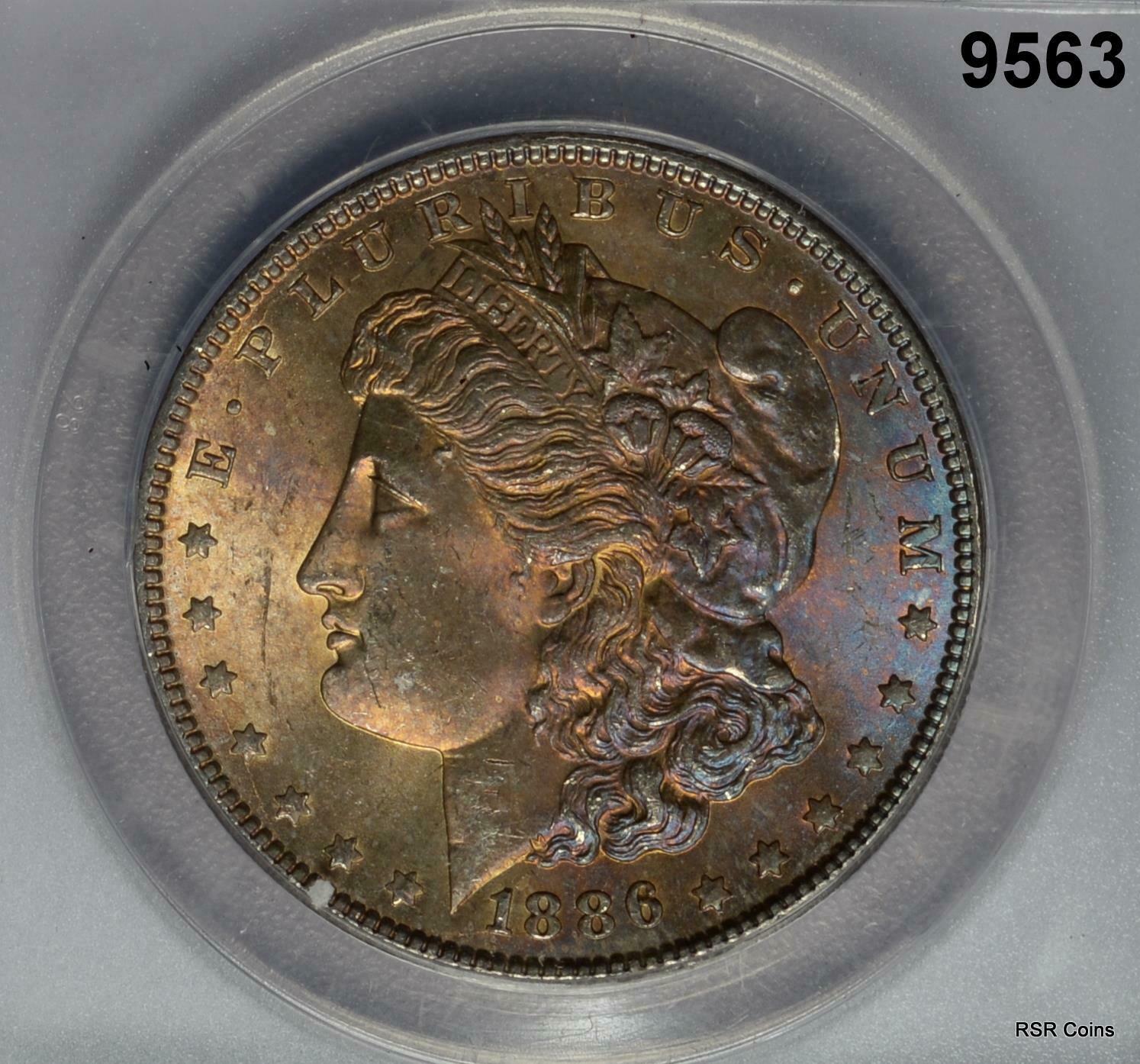 1886 P MORGAN SILVER DOLLAR ANACS CERTIFIED MS64 AMBER- BLUE TONED OBVERSE #9563