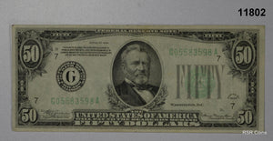 1934 $50 FEDERAL RESERVE NOTE GREEN SEAL FINE+! #11802