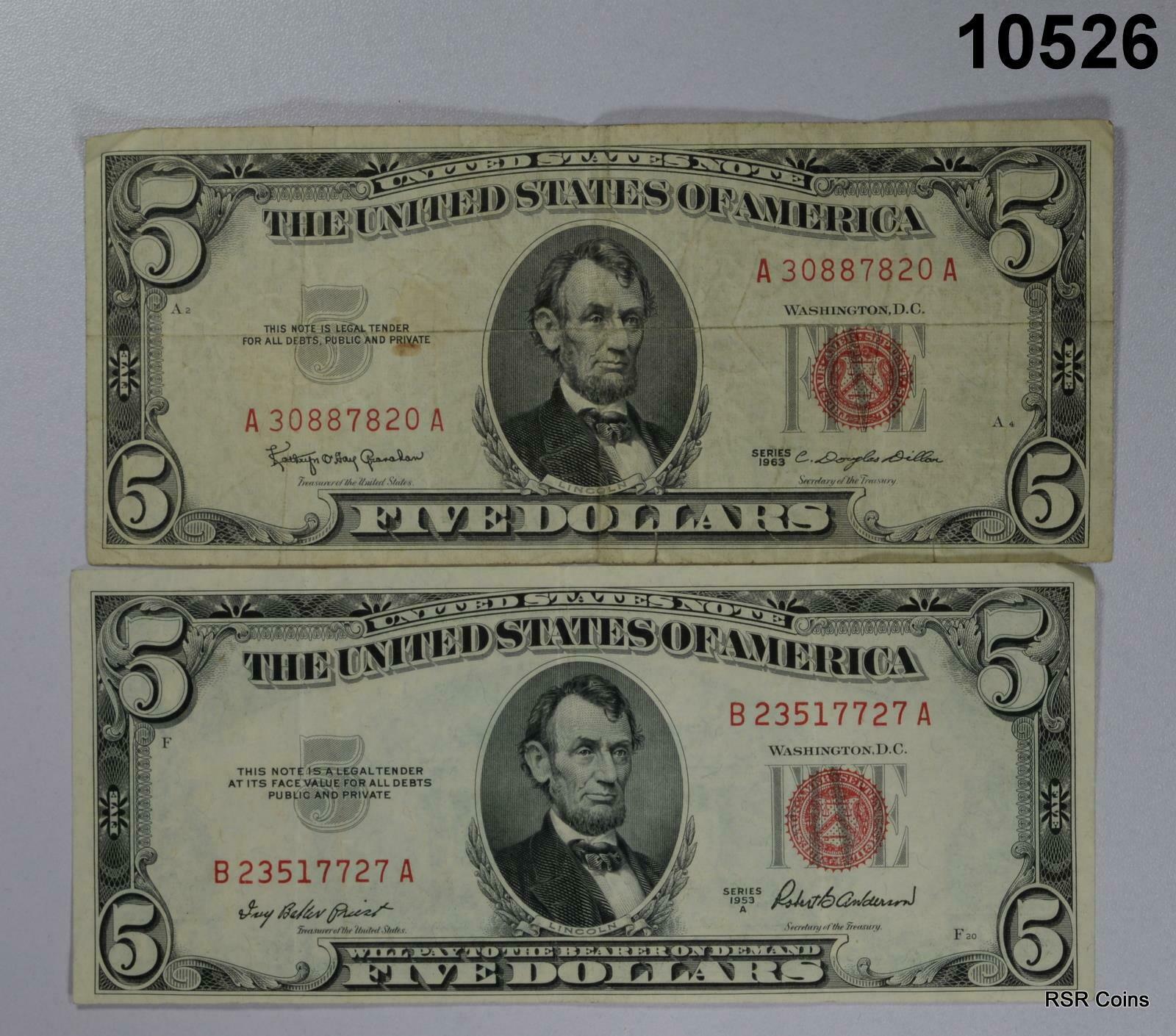 $5 RED SEAL NOTE LOT G-XF (8) TOTAL: (1) 1928 C, (2) 1953, (5) -1963 #10526