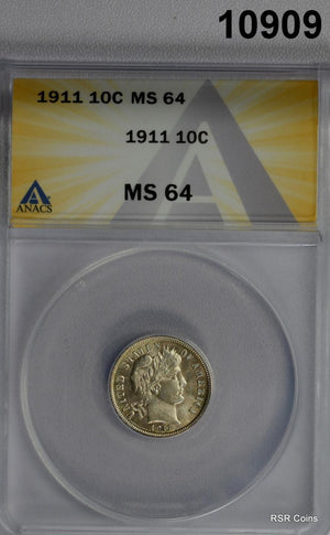 1911 BARBER DIME ANACS CERTIFIED MS64 LOOKS GEM!! WOW!! #10909