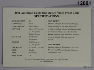 2011 W PROOF SILVER EAGLE MINT BOX & COA GEM!! #12001