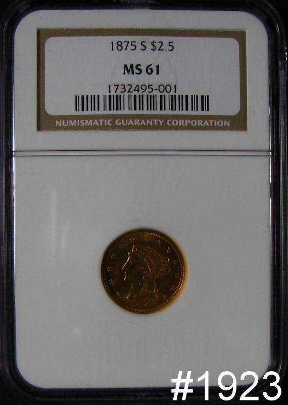 1875 S CERTIFIED NGC MS 61 $2.50 GOLD LIBERTY FLASHY!! QUARTER EAGLE #1923 RARE!