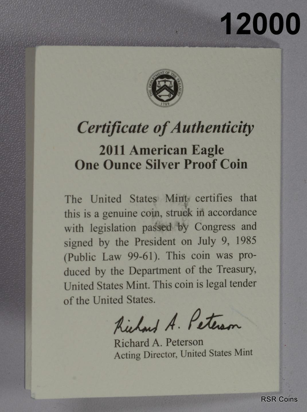 2011 W PROOF SILVER EAGLE MINT BOX & COA GEM!! #12000