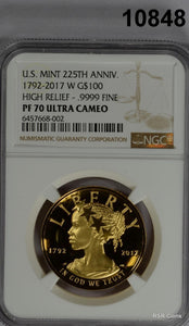 US MINT 2017 W G$100 FINE GOLD NGC CERTIFIED PF70 ULTRA CAMEO PERFECTION! #10848