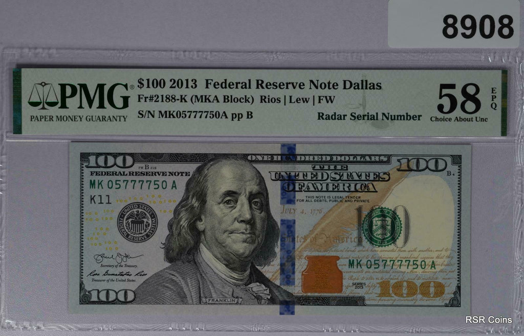 $100 2013 FEDERAL RESERVE NOTE DALLAS FR#2188K RADAR SERIAL # PMG CERTIFIED#8908