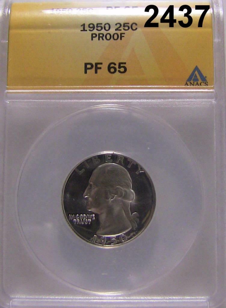 1950 ANACS CERTIFIED PF 65 WASHINGTON QUARTER PALE CAMEO! #2437