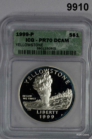 1999 P YELLOWSTONE COMMEMORATIVE SILVER DOLLAR ICG CERTIFIED PR70 DCAM #9910