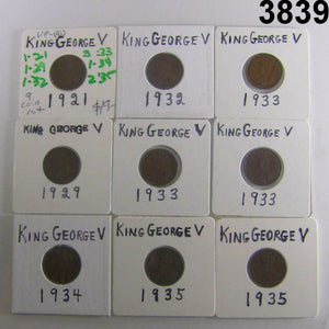 CANADA KING GEORGE V 9 COIN LOT CENTS 1920,21,28,29,32,33,34,35 VF-AU!  #3839