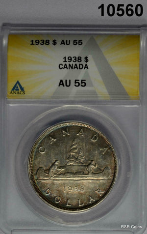 1938 CANADA SILVER DOLLAR ANACS CERTIFIED AU55 PALE GOLDEN! #10560