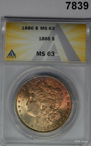 1886 MORGAN SILVER DOLLAR ANACS CERTIFIED MS63 GOLDEN OBVERSE COLOR! WOW! #7839