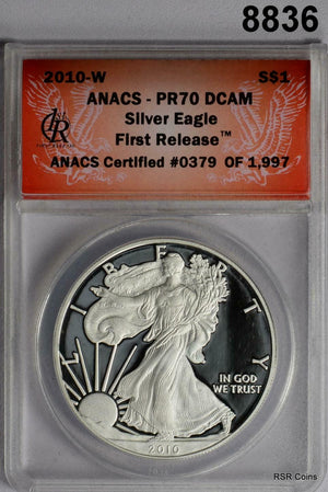 2010 W SILVER EAGLE FIRST RELEASE ANACS CERTIFIED PR70 DCAM IN WOOD BOX! #8836