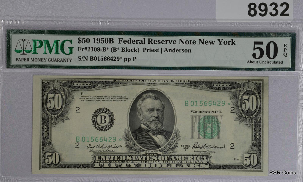 $50 1950 B FEDERAL RESERVE NOTE NY FR#2109-B* STAR PMG CERTIFIED 50 EPQ #8932