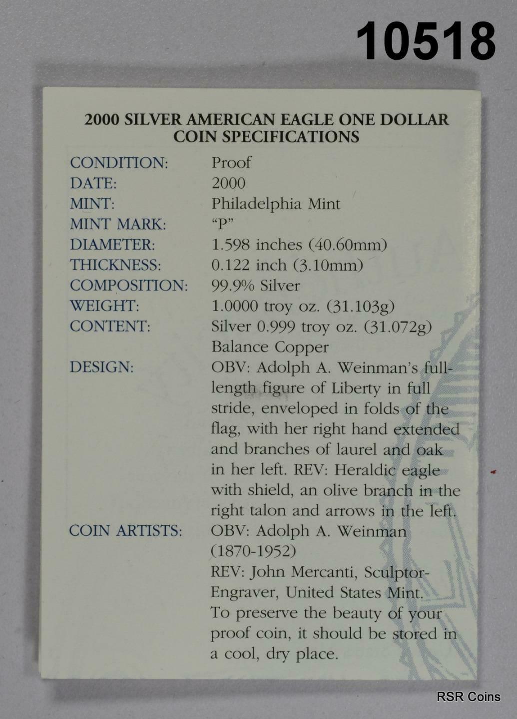 2000 PROOF SILVER EAGLE GEM! WITH COA & BOX! #10518