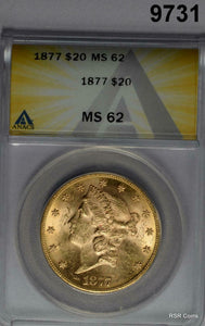 1877 $20 GOLD LIBERTY DOUBLE EAGLE ANACS CERTIFIED MS62 SCARCE MINTAGE!! #9731