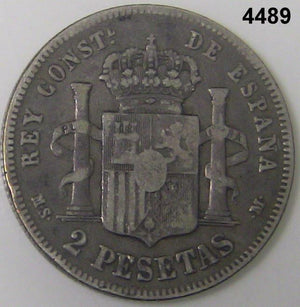 1882 SPAIN 2 PESETAS SILVER HIGH GRADE! #4489