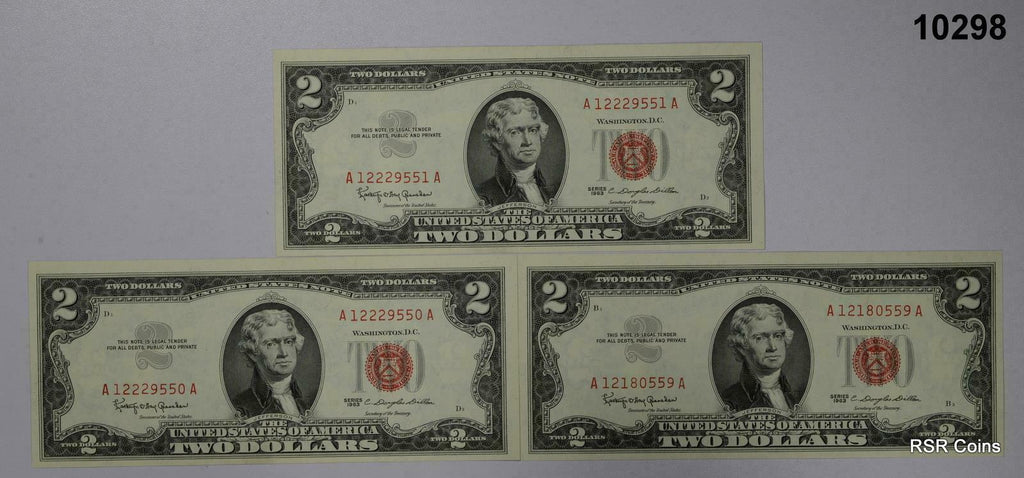 LOT OF 3 1963 $2 US NOTES CU RED SEAL NICE! #10298