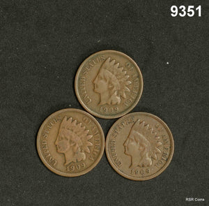 LOT OF 3 1909 INDIAN CENTS VG+ TO FINE! #9351