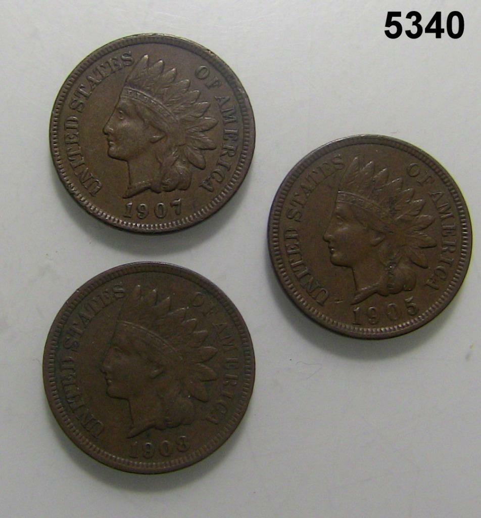 1905 & 1907 & 1908 INDIAN HEAD CENTS 3 COINS XF! #5340