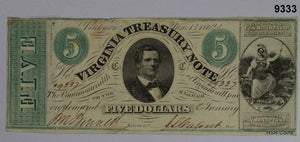 1862 RICHMOND VIRGINIA TREASURY NOTE $5 DECENT! LARGE SIZE! #9333