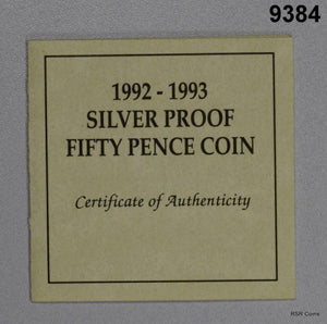 1992- 1993 ROYAL MINT 50 PENCE STERLING SILVER PROOF BOX & COA #9384