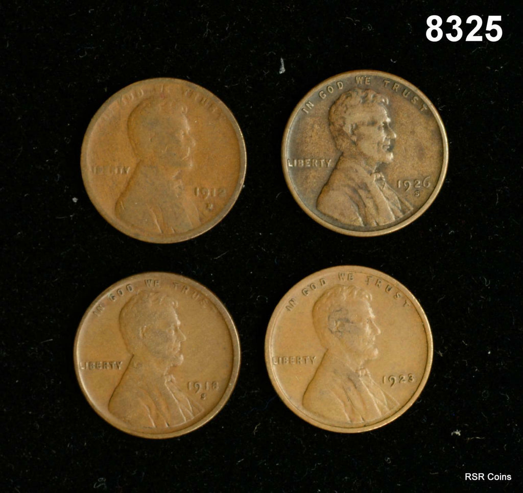 LINCOLN CENTS: 1926 S VG, 1923 XF, 1912 D VG, 1918S XF- LOT! #8325