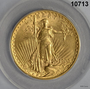 1908 ST. GAUDENS $20 GOLD ANACS CERTIFIED MS62 NICE LUSTER! #10713