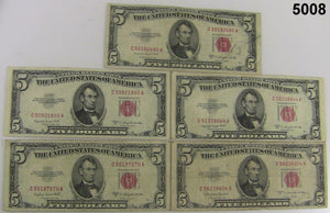 1953 B & C RED SEAL UNITED STATES $5 NOTES LOT OF 15 FINE TO VF CONDITION #5008