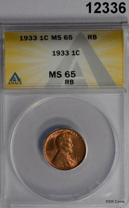 1933 LINCOLN CENT ANACS CERTIFIED MS65 RB WOW!! #12336