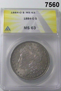 1884 O MORGAN SILVER DOLLAR PALE GOLDEN BLUE TONING ANACS CERTIFIED MS63 #7560