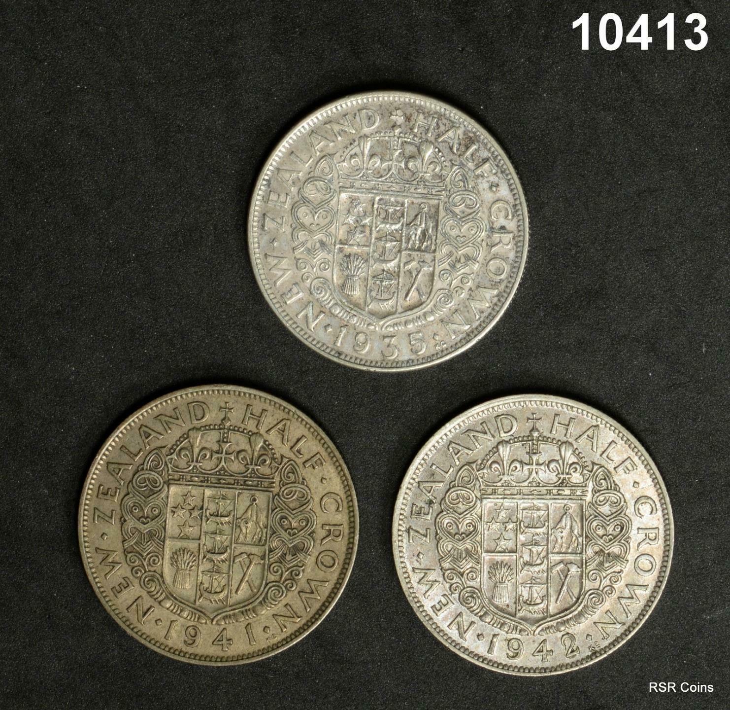 NEW ZEALAND SILVER HALF CROWNS 1935 XF, 1941, 1942 AU 3 COIN LOT!! #10413