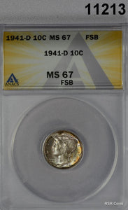 1941 D MERCURY DIME ANACS CERTIFIED MS67 FSB ORANGE PERIPHREAL COLORS! #11213