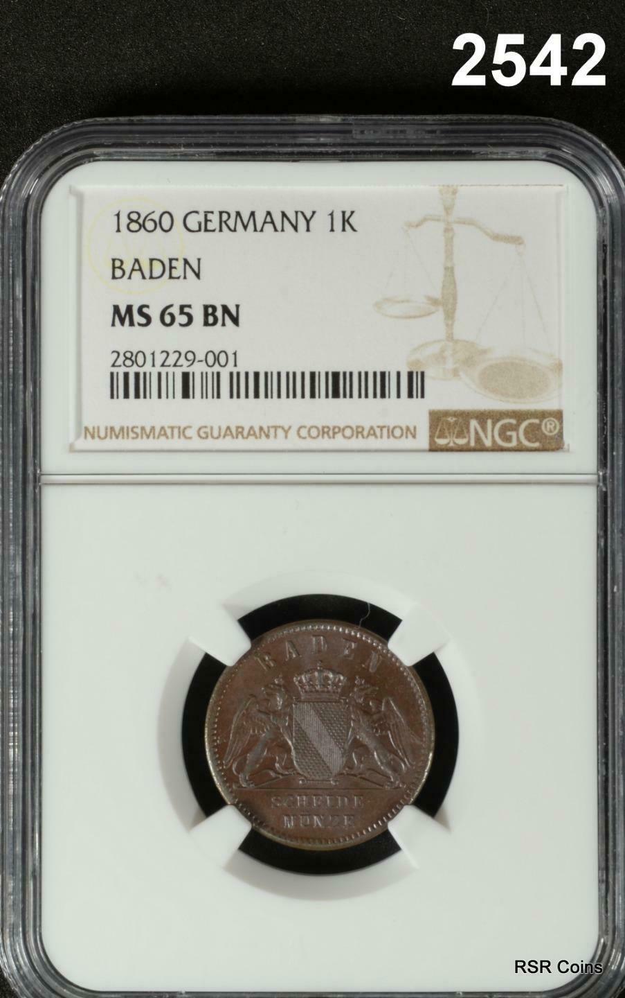 1860 NGC CERTIFIED MS 65 BN GERMANY 1K BADEN SCARCE DATE & FLASHY LUSTER! #2542