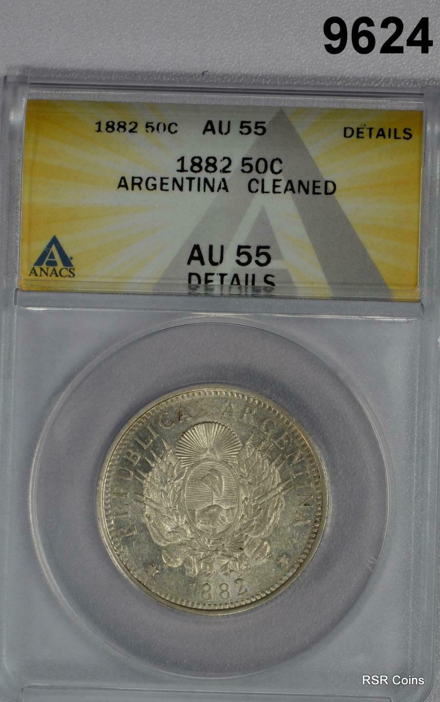 1882 ARGENTINA 50 CENTAVOS ANACS CERTIFIED AU55 CLEANED #9624