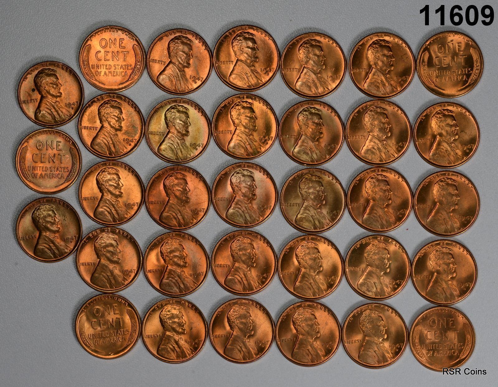 1947 D PARTIAL ROLL (33 COINS) CHOICE-GEM BU LINCOLN CENTS! #11609