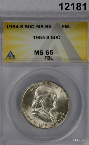 1954 S FRANKLIN HALF ANACS CERTIFIED MS65 FBL FLASHY++! #12181