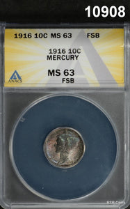 1916 MERCURY DIME 1ST YEAR! ANACS CERTIFIED MS63 FSB RAINBOW COLORS WOW #10908