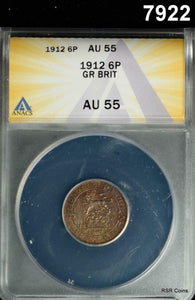 1912 GREAT BRITAIN 6 PENCE ANACS CERTIFIED AU55 #7922