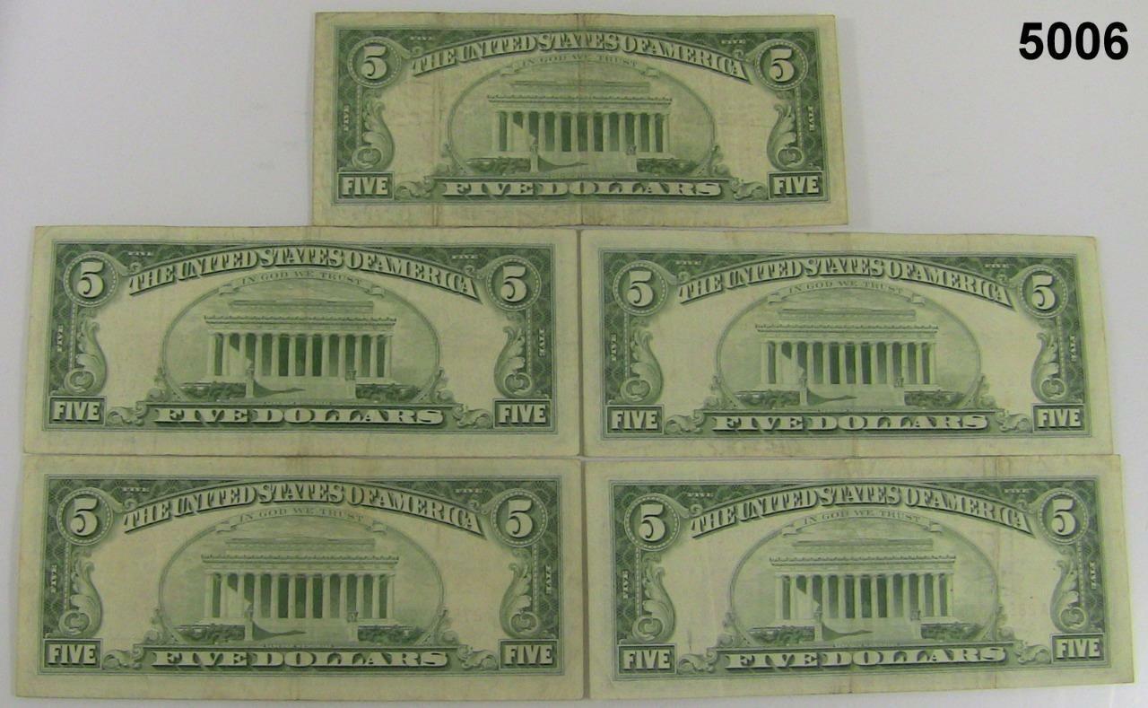 1963 RED SEAL UNITED STATES LOT OF 5 $5 NOTES CRISP VF TO AU CONDITION #5006