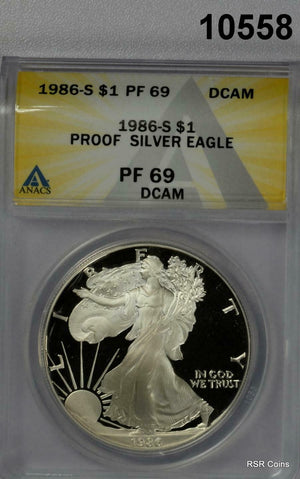 1986 S AMERICAN SILVER EAGLE ANACS CERTIFIED PF69 DCAM 1ST YEAR SCARCE! #10558