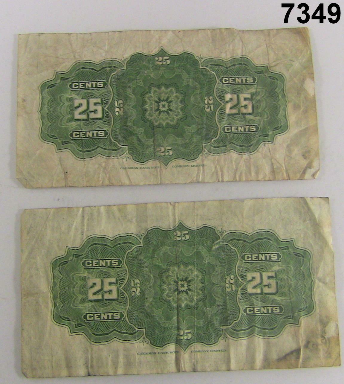 1923 DOMINION OF CANADA 25 CENT SHINPLASTER 2 NOTES SOME STAINS #7349